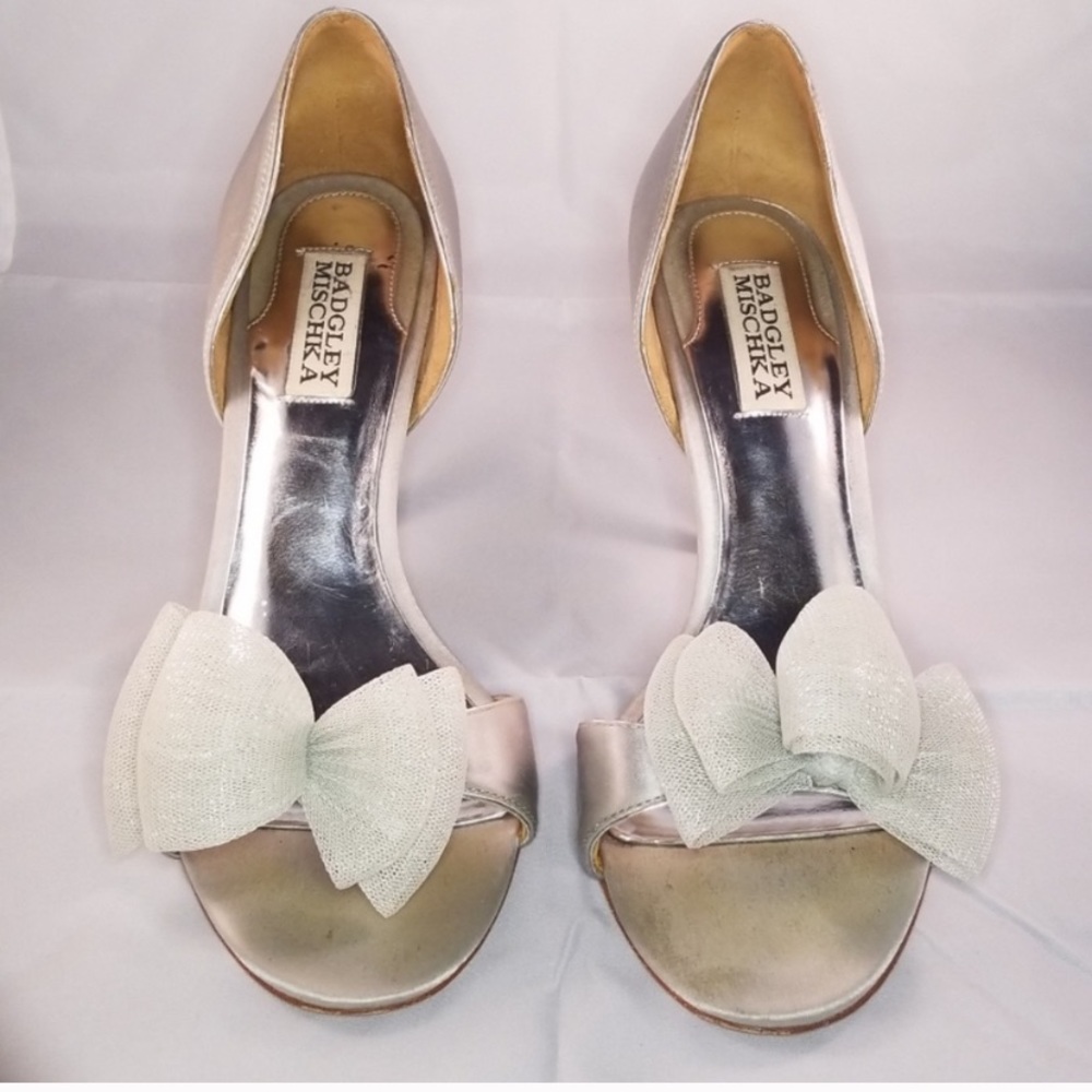 Badgley Mischka silver satin heels with bow